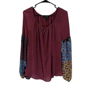 A.Byer Burgundy Boho Top Large Keyhole Beaded Ties Floral Balloon Sleeve Sheer